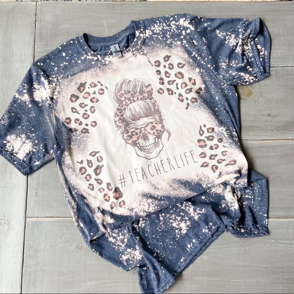 Gildan Tops - Teacher Life Graphic Tee Reverse Tie Dye Bleached Navy Blue Leopard Print Skull